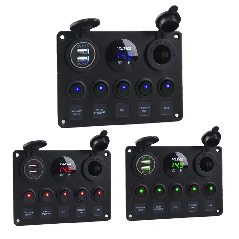 

120W Car LED Toggle Rocker Switch Panel Digital Voltmeter Dual USB Port 12V Outlet Combination Waterproof for Car Marine RV Boat