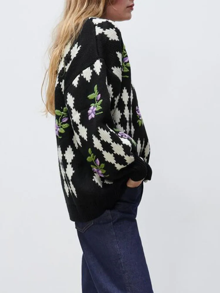 Женский жаккардовый свитер ZA трикотажный пуловер с круглым вырезом и цветочной