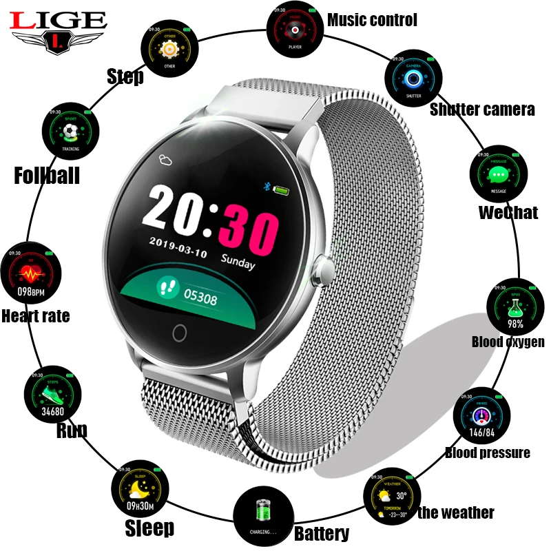 LIGE умные спортивные часы женские водонепроницаемые для фитнеса кровяное
