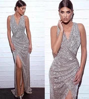 shinning sexy sequins mermaid prom dresses deep v neck high split front formal evening gowns special occasion party dress