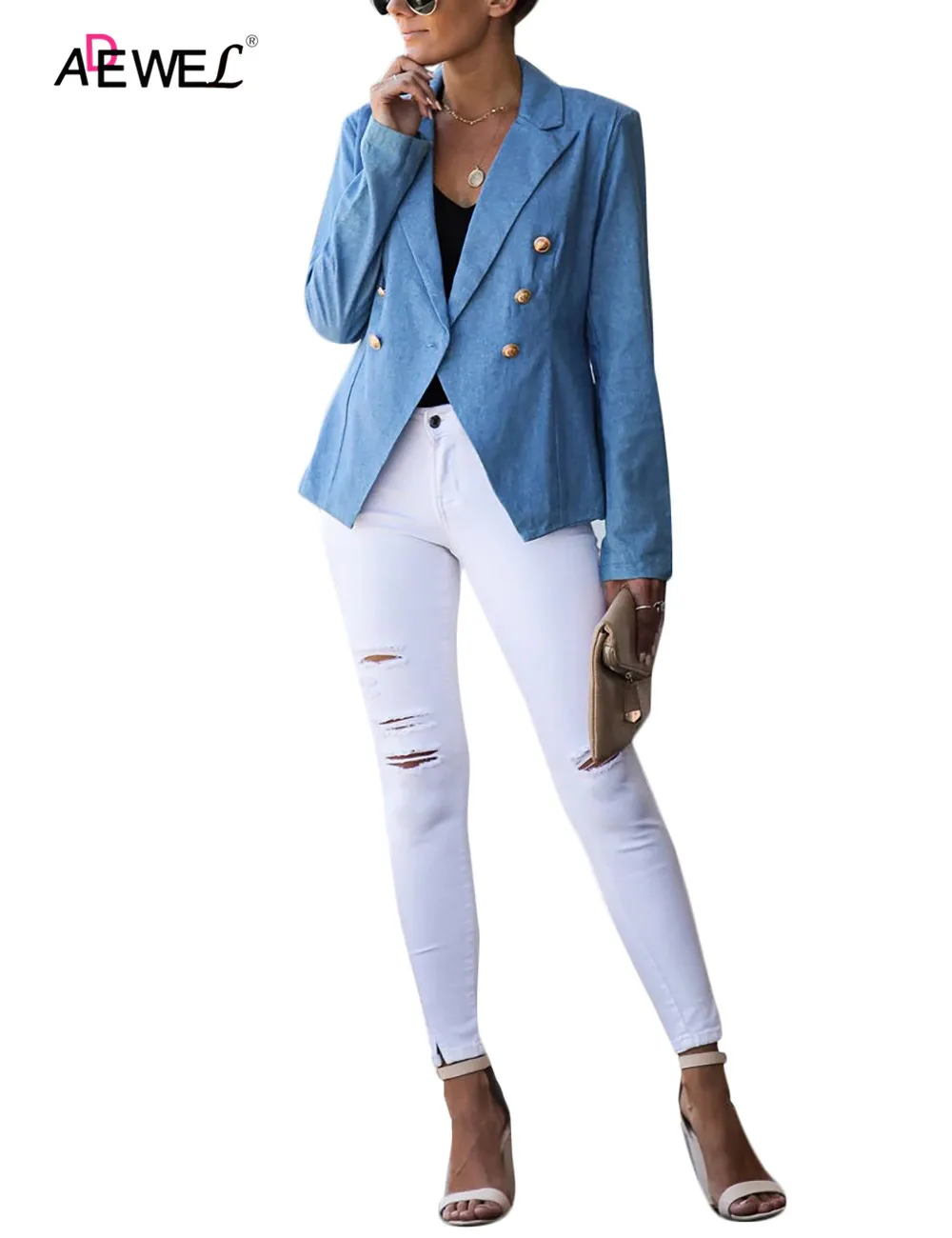 ADEWEL синий Для женщин офисные пальто открытой передней короткий кардиган с