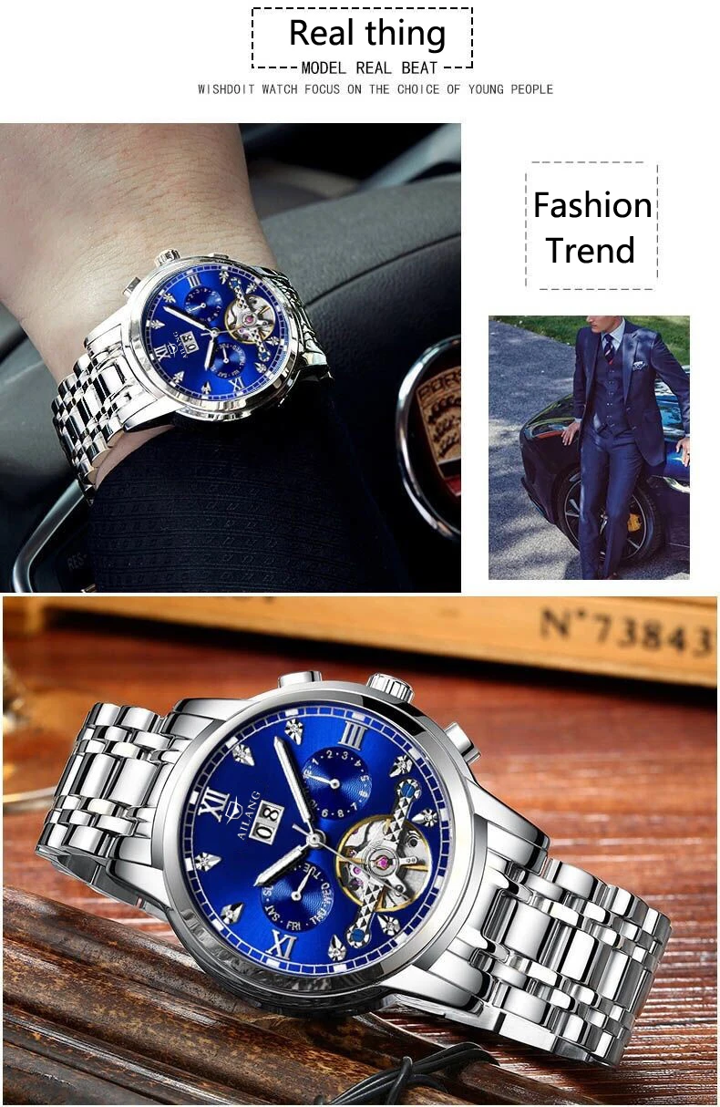 AILANG часы мужские люксовый бренд из нержавеющей стали Tourbillon несколько функций водонепроницаемые механические мужские часы
