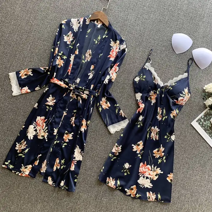 

2020 Spring Summer Women Silk Robe & Gown Sets Pyjama Flower Print Satin Nightdress+Robe Sleeveless Pijama With Chest Pads