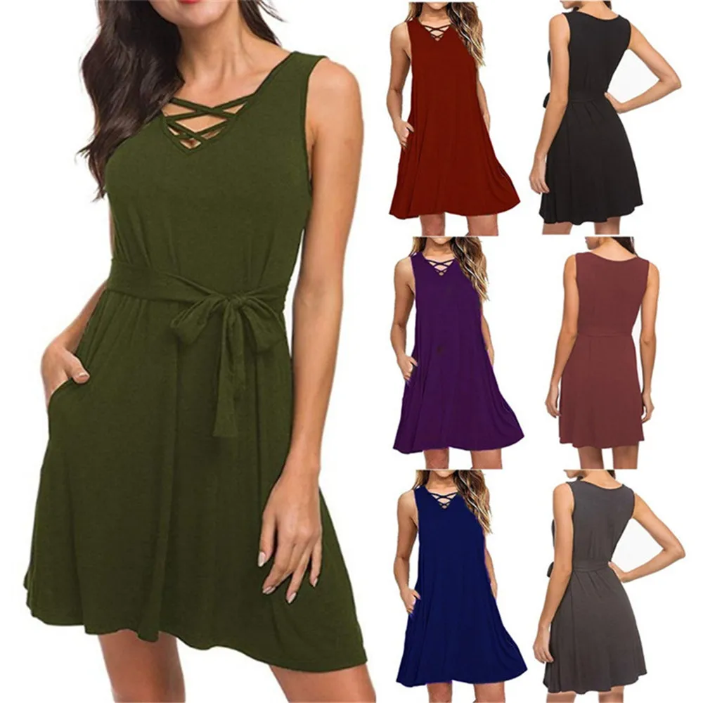 

Solid Color Sleeveless V-Neck Loose Mini Dress Women Summer Multicolor A-Line Short Vest Dresses With Belt Casual Dress