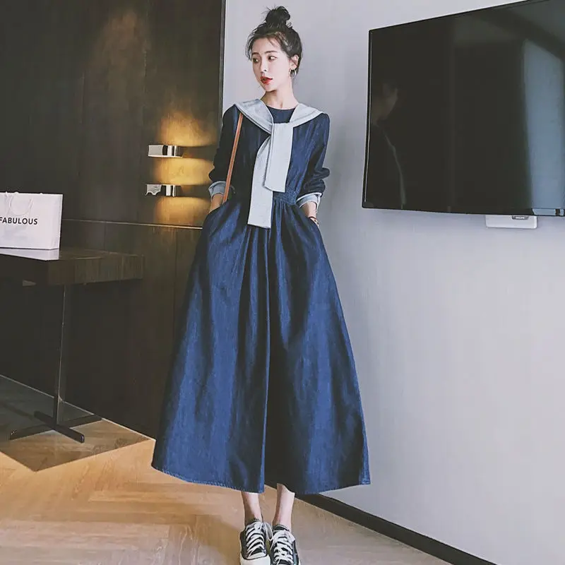 

French style age-reducing long sleeve denim dress women's 2021 spring new high-end socialite temperament slim high dress