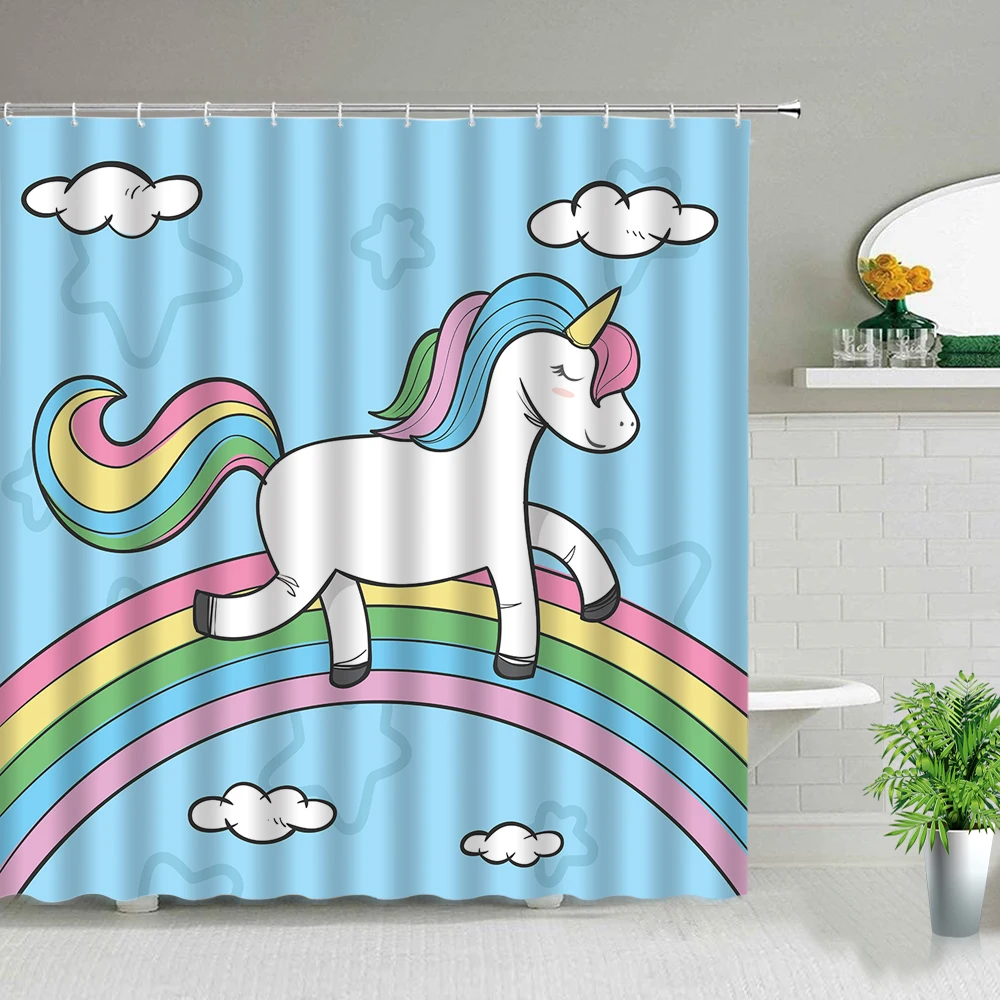 

Lovely Unicorn Shower Curtains Cartoon Animal Rainbow Kids Baby Bathroom Decor Bath Curtain Set Waterproof Bathtub Decors Cloth