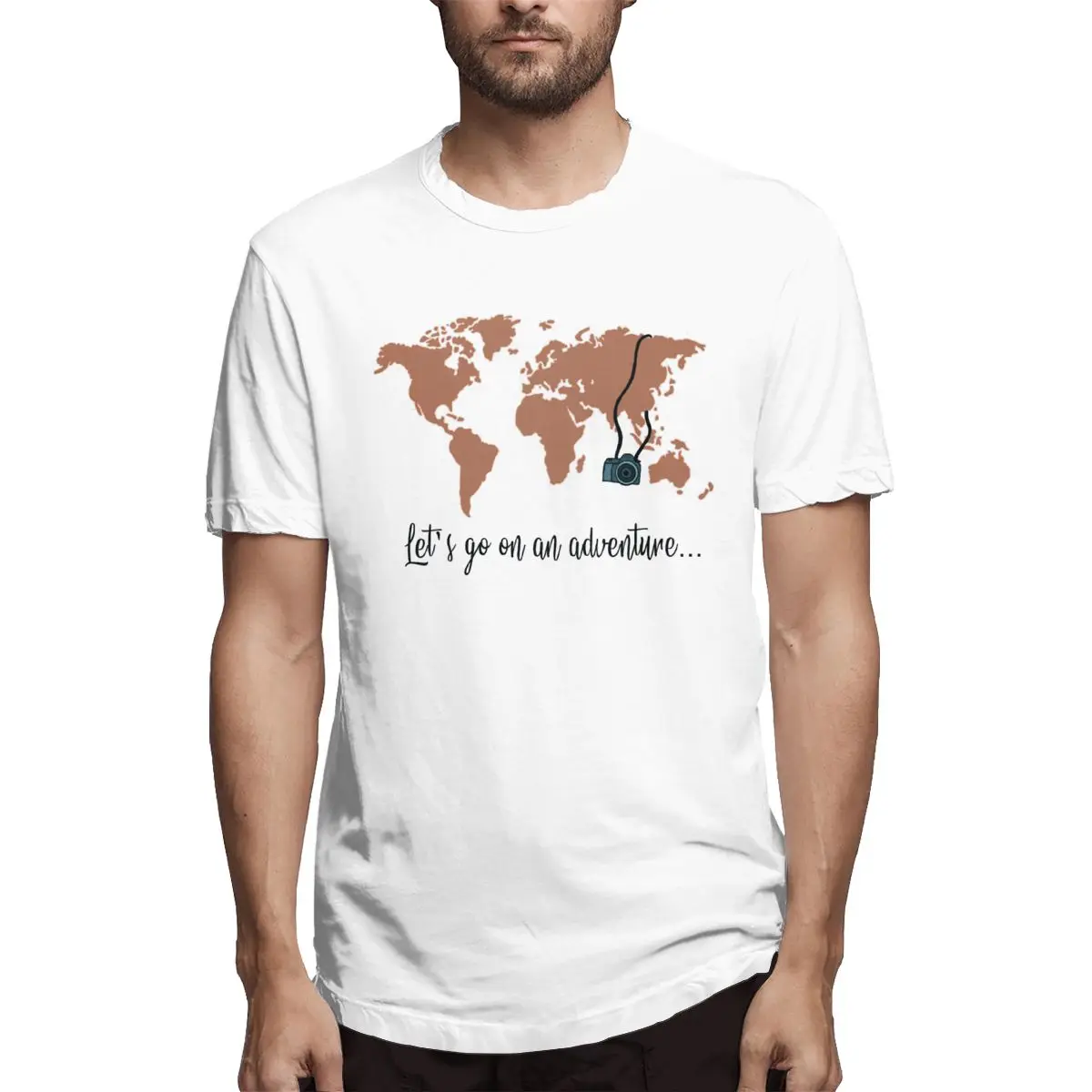 

Go Let's On An Adventure Boho Travel The World Map With Camera Men T Shirts Tee Shirt Short Sleeve Crewneck T-Shirt Cotton