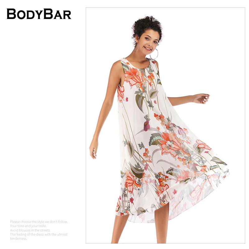 

Comfort Sleeveless Chiffon Dress Round Neck Printed Long Bobe Floral Vest Loose Dresses Summer Plus Size Sundress Femme Vestidos