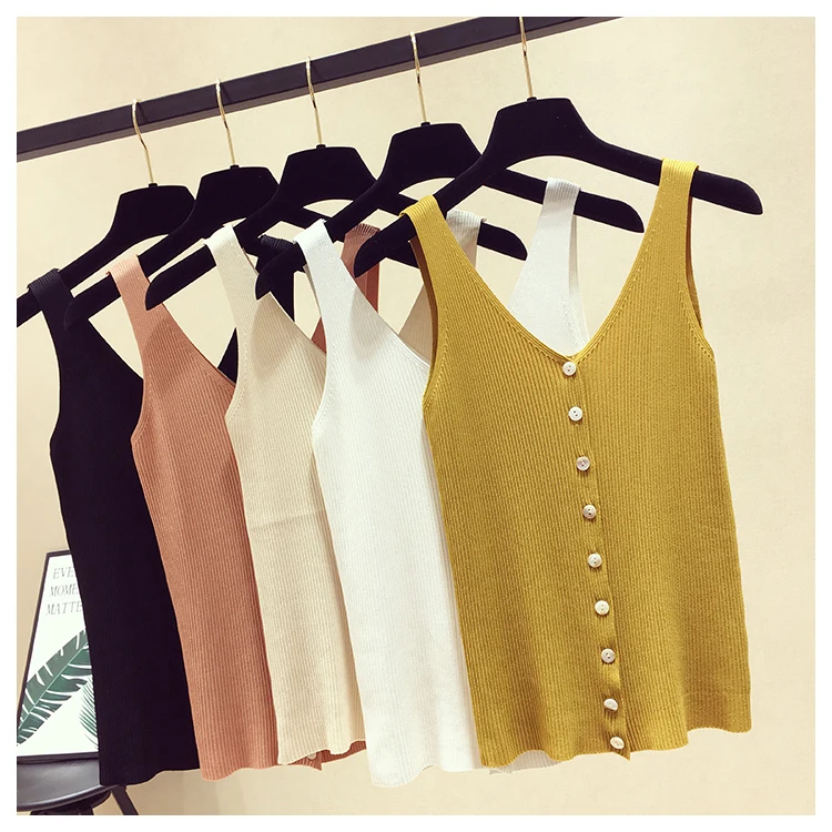 

Summer Women Fashion Slim Knitting Tank Tops Female Deep V-neck Knitted Single Breasted Camisole Sleeveless T shirts