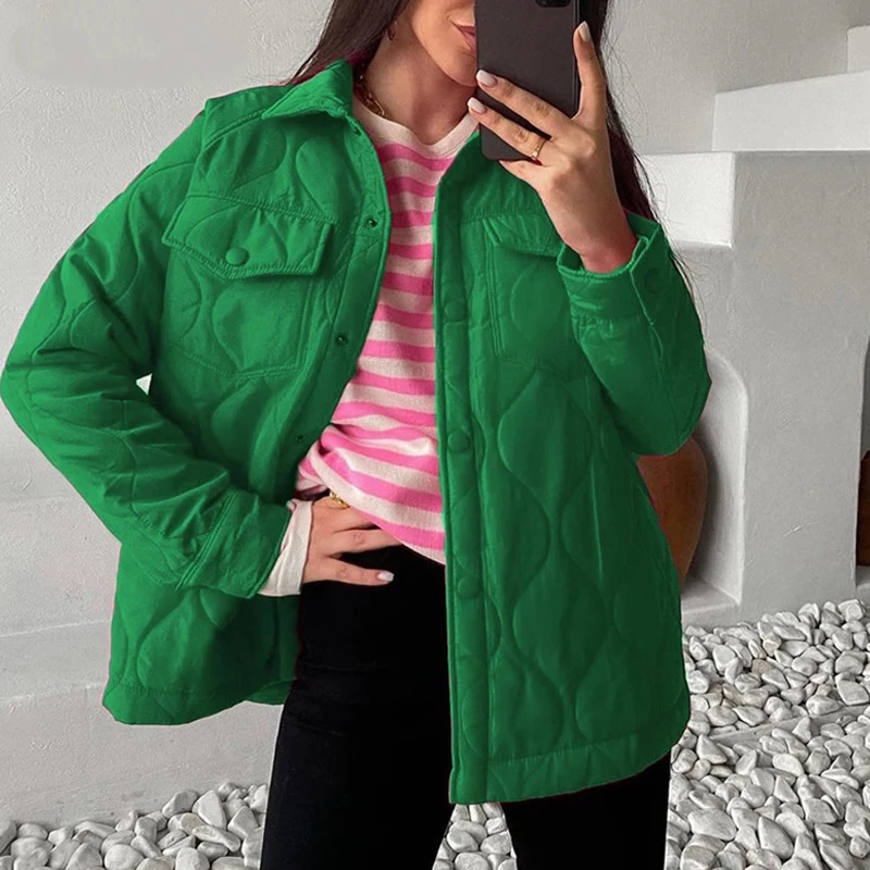 

Casual Solid Color Coats Women Vintage Oversized Green Parkas Autumn Winter Turn Down Collar Buttons Quilted Cotton Warm Jackets