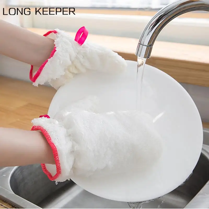 

1pcs Bamboo Fiber Waterproof Dish Washing Gloves White Anti-oil Household Cleaning Glove None-slip Mittens Kitchen Supplies