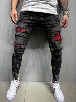 new mens fashion grid beggar patchesslim fit jeans stretch casual denim pencil pants painting street jogging ripped men jeans