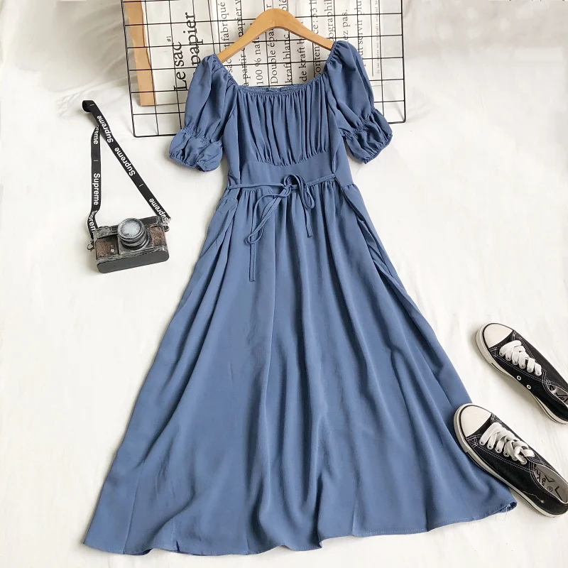 

Summer Women Puff Sleeve Square Collar Ruffles Bandage Strap Chic Dress Lady Elastic Slim Waist Pleated Layer Party Midi Dresses