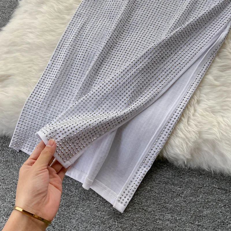 

Black/White Diamonds Two Piece Set Women Sexy Party Suit Summer Sleeveless Short Camis + High Waist Split Skirt 2021 New Fashion