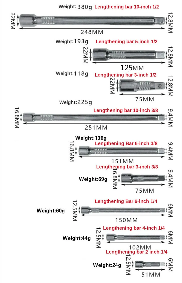 Разъем ключ трещотка удлинитель 1/4 &quot3/8&quot 1/2 &quot&amp 50/75/100/150/200/250 мм разъем для