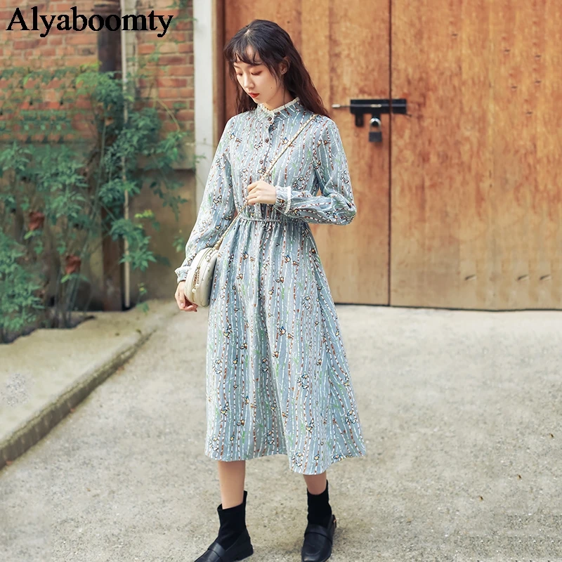 

2021 New Spring Autumn Women Long Corduroy Dress Stand Collar Pink Blue Animal Printed Vestidos Elegant Vintage Mori Girl Dress