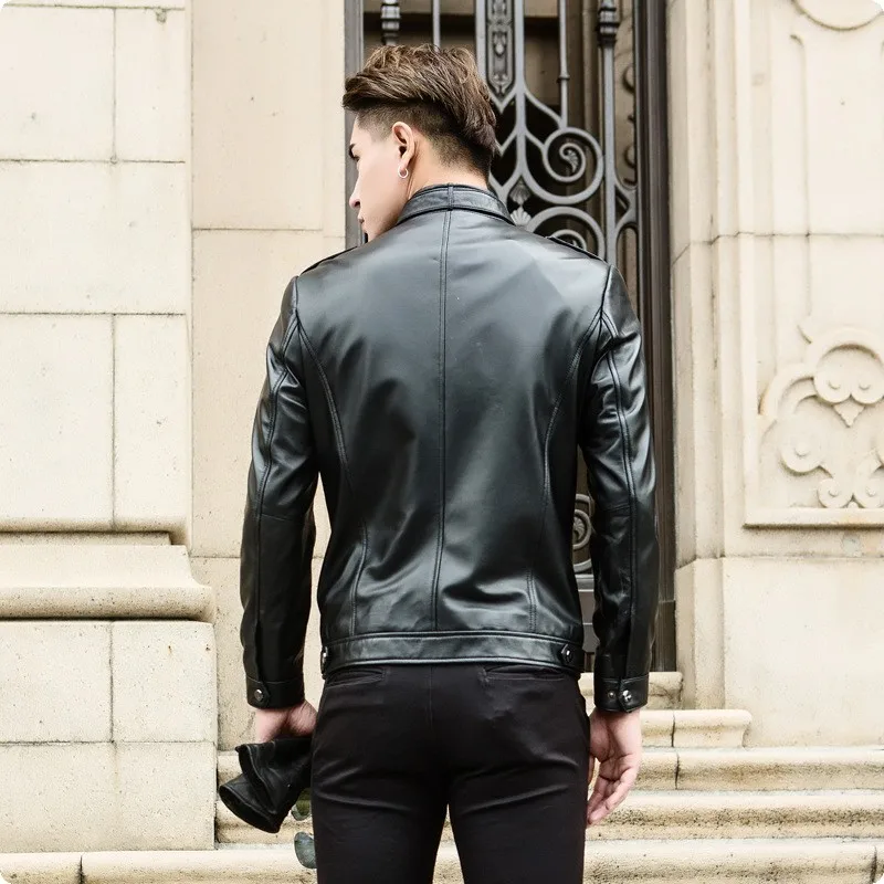 Роскошное мужское приталенное пальто из натуральной кожи с воротником-стойкой