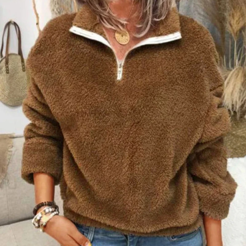 

Autumn Women's Sweatshirt Long Sleeve Solid Color V-neck Zipper Without Hood Pullover Winter Ladies Sweatshirt