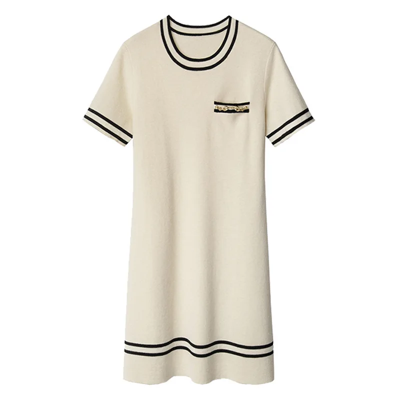

Women's Short Sleeve Knit Dress O Neck Sweet 2021 New Stripes Ladies Mini Robes