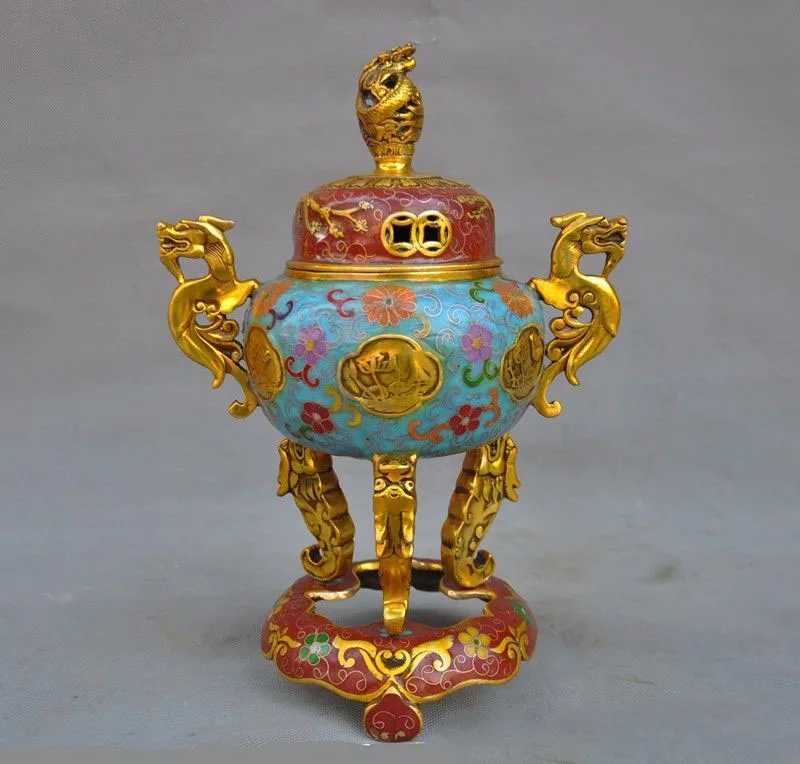 

wedding decoration old Chinese bronze Cloisonne Gilt Feng Shui Dragon statue Incense Burner censer
