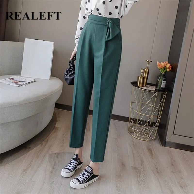 REALEFT осенне зимние женские зеленые костюмы брюки с высокой талией повседневные