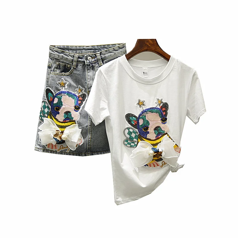 

Женский Повседневный комплект из 2 предметов, футболка с коротким рукавом и вышивкой в виде собаки из блесток + джинсовая мини-юбка с высокой...