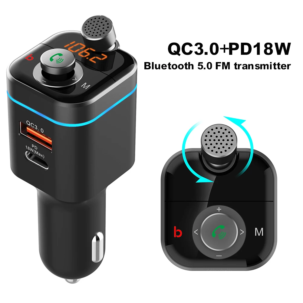 

Автомобильный беспроводной FM-передатчик с Bluetooth 5,0, автомобильное зарядное устройство Type-c PD 18 Вт QC3.0 с функцией быстрой зарядки