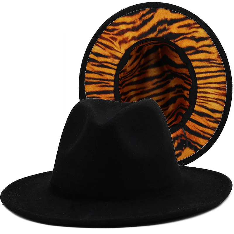 

New Wide Brim Black Fedora Ladies Wool Felt Hat Women Men Party Trilby Jazz Church Hats Patchwork Panama Cap