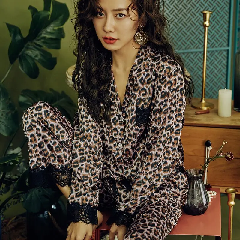 Новейшая Сексуальная кружевная леопардовая Пижама для женщин Весна 2020 атласная