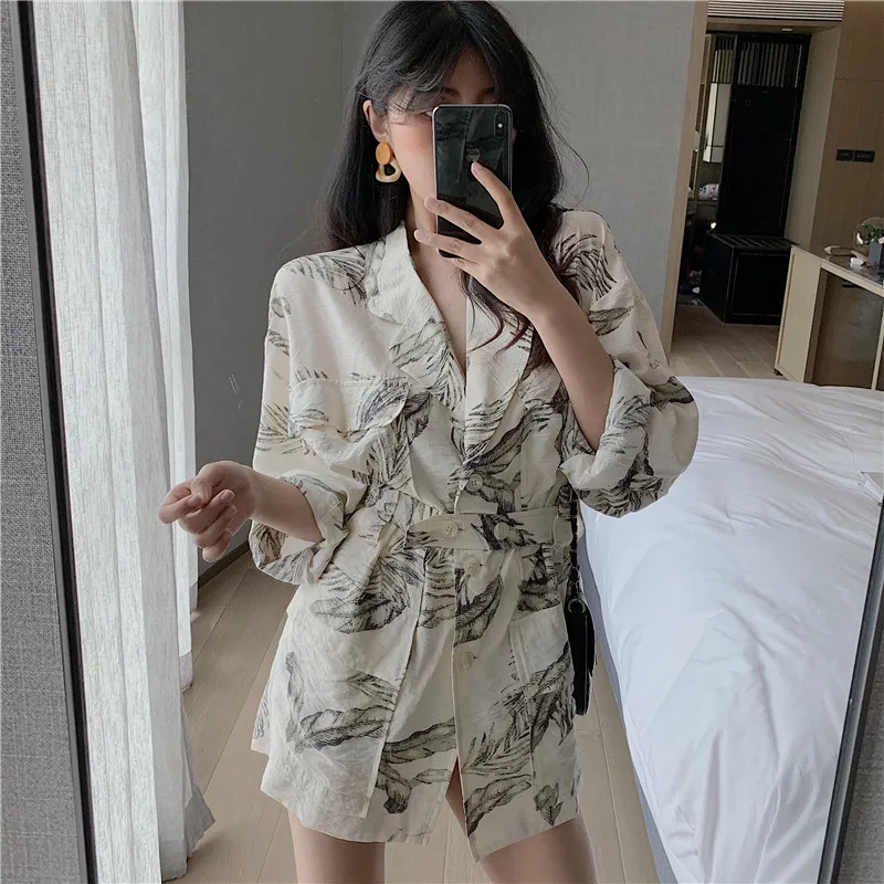 RUGOD New Women Thin Blazers Cotton And Linen Pockets Casual Coat Stylish Print Oversize Tunic Blazer Buttons Temperament