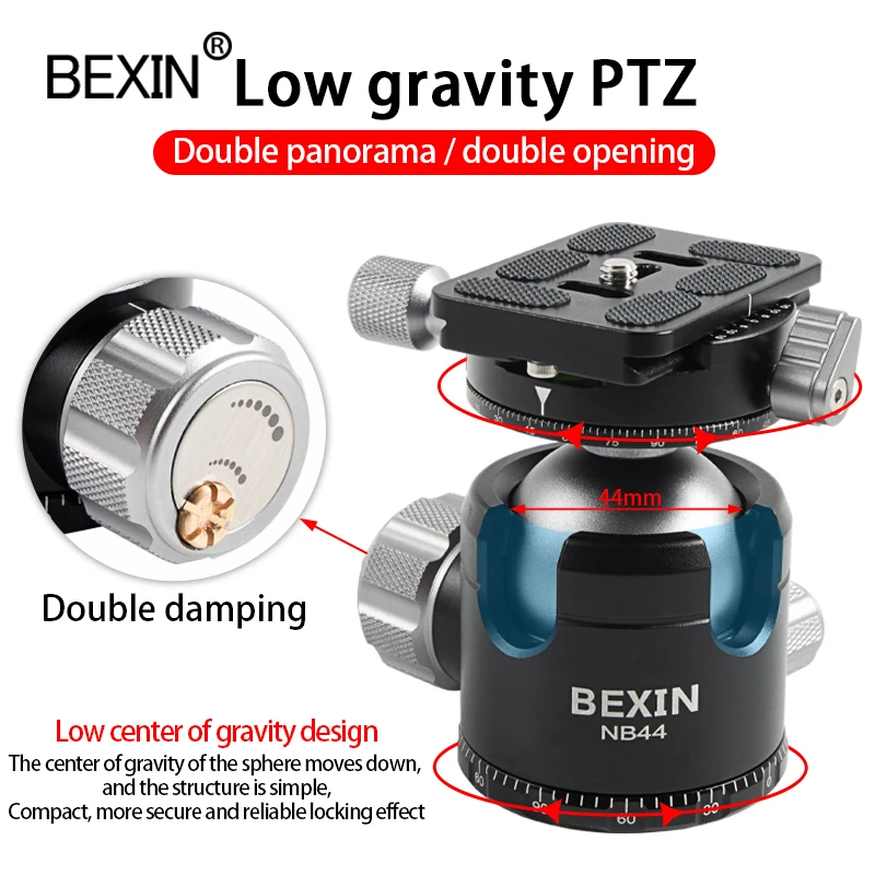 

Professional Tripod head Dual opening Double Damping 720 Panoramic Shoot Low Gravity Center BallHead with Quick Release plate