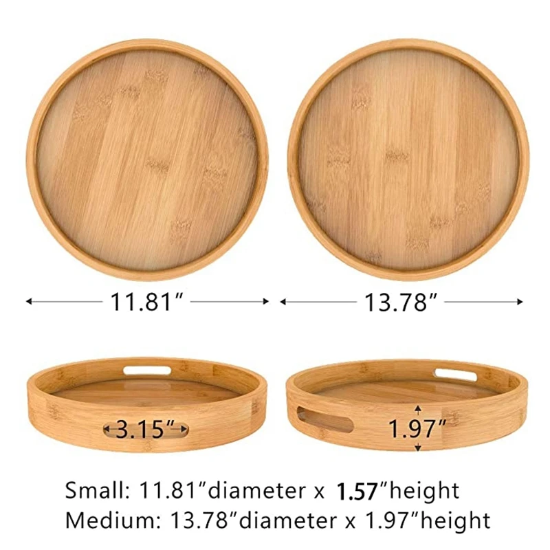 Round Serving with Handles - Wooden Bamboo Circle Tray for Coffee Table Food Ottoman | Дом и сад