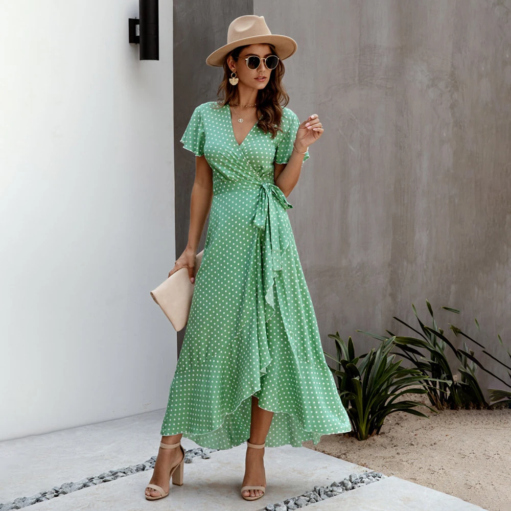 

Summer Chiffon Maxi Dress Women Polka Dot Sexy V Neck Ruffles Short Sleeve Holiday Long Boho Beach Sundress Ladies Wrap Party