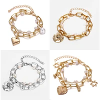 vintage bracelet stainless steel link chain heart charms double layer bracelet for women buckle toggle female jewelry gifts