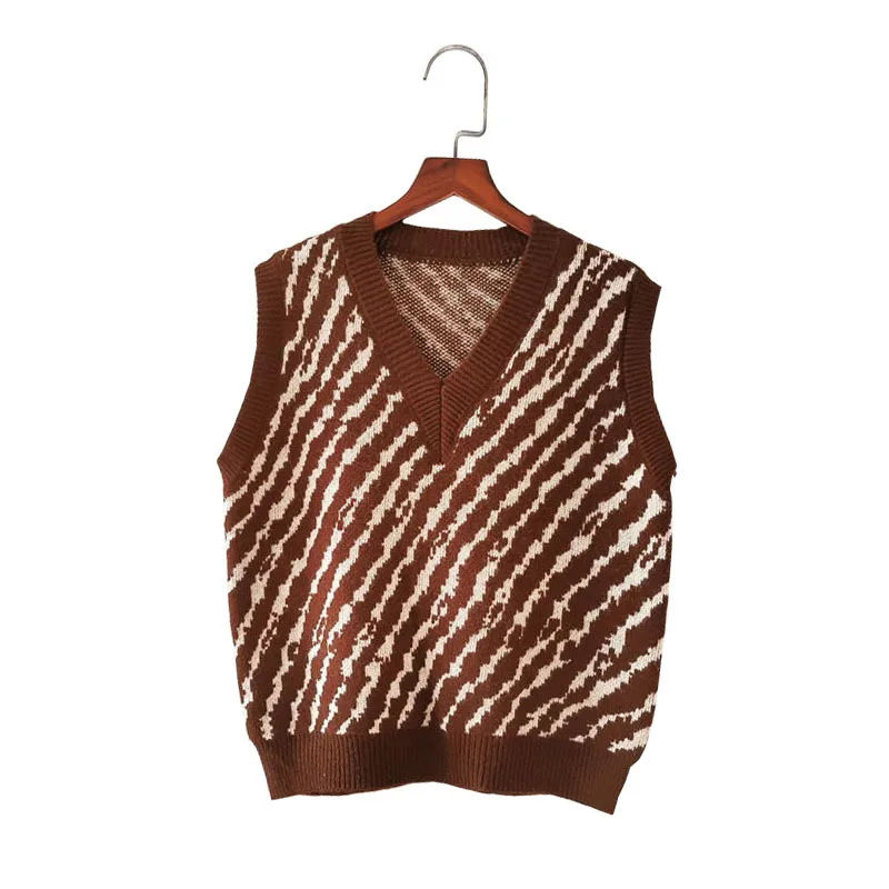 

Preppy Style Vintage Geometric Woman Sweaters Vest Tank Tops 2020 Autumn New Design Loose Casual Sleeveless V-Neck Knitted Vest