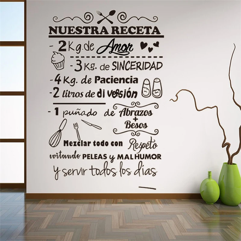 

Spanish Recipe Wall Stickers Nuestra Receta Vinyl Wall Decal Restaurant Kitchen Decoration Removable Wall Window Decals RU186