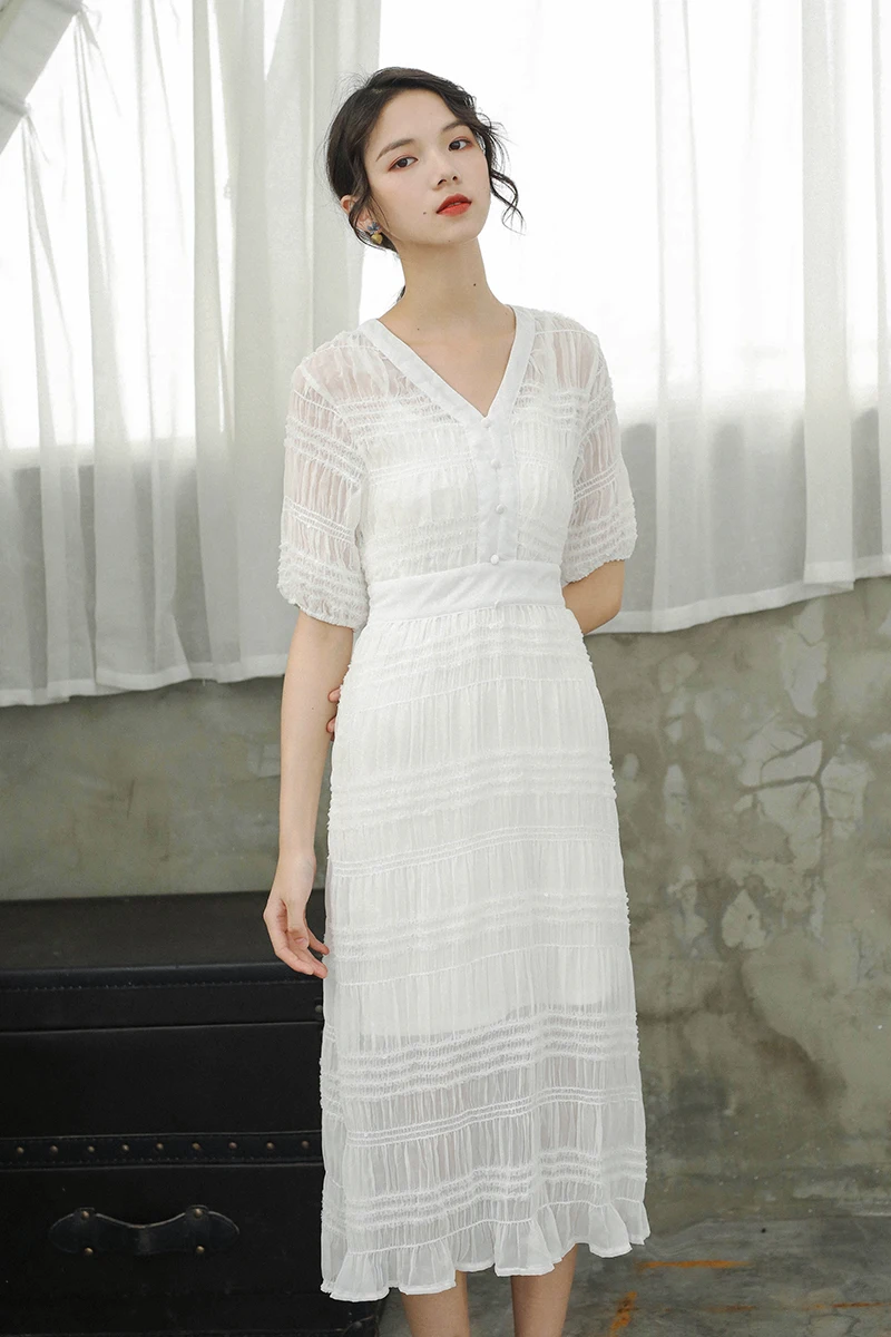 Летнее осеннее белое платье Элегантное шифоновое мягкое облегающее до середины