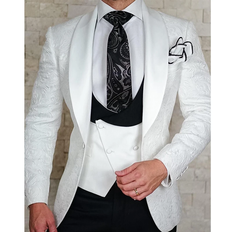 

White Floral Wedding Tuxedo for Groom 3 Piece Slim Fit Double Breasted Waistcoat Jacket with Black Pants Male Fashion Costume