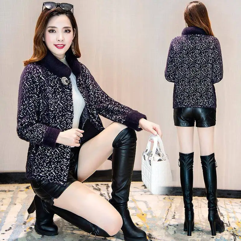 

2021 Autumn Winter Women Casual Knitted Sweater Lady Loose Imitation Mink Velvet Cardigan Female Print Long Sleeve Cardigan N339