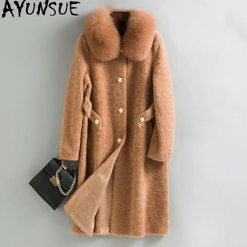 

AYUNSUE женское меховое пальто, зимняя куртка для женщин, овечья шерсть, 100% шерсть, пальто для женщин, Лисий меховой воротник, теплые куртки, Manteau...
