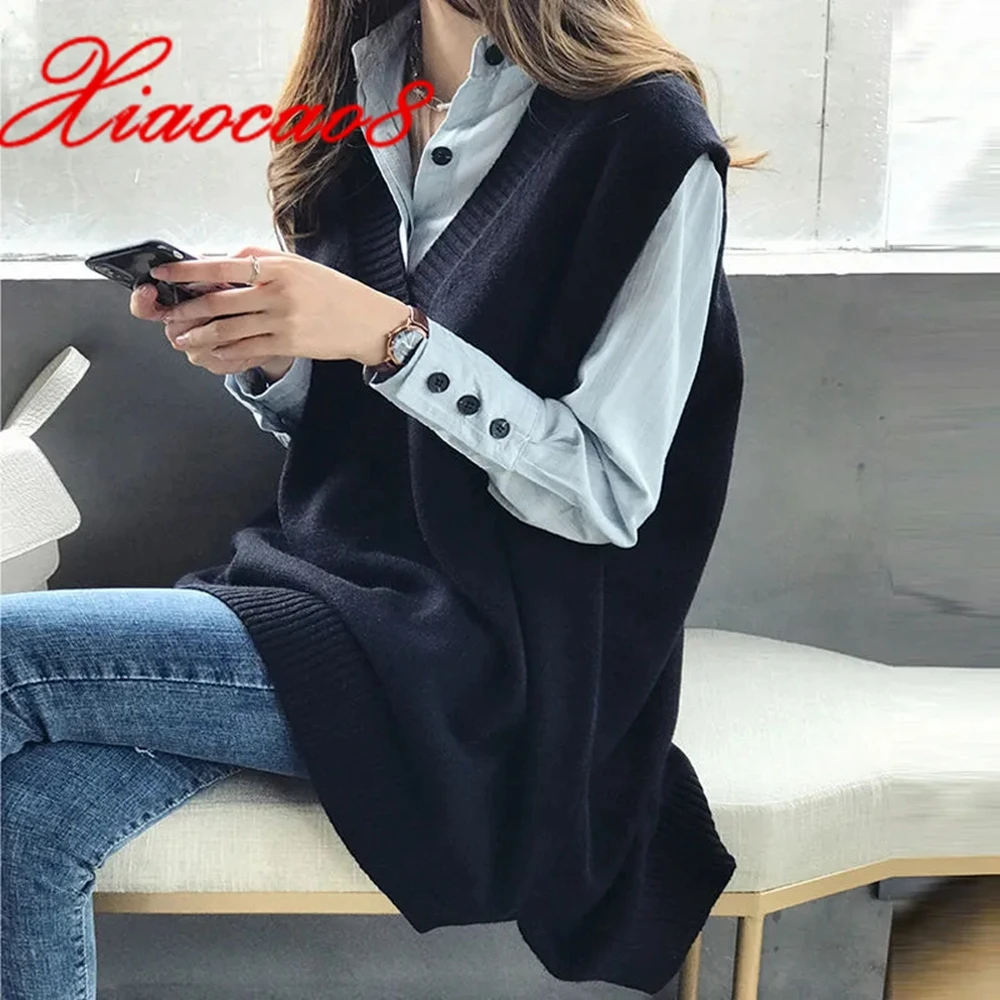

2021 Autumn New Women's Loose Vest Sweaters Solid V Neck Oversize Sleeveless Sweater Jacket Female Knitted Pullovers Waistcoat