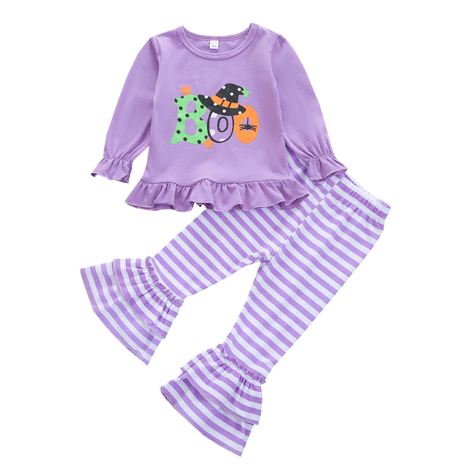 

OPPERIAYA Autumn Baby Girls Halloween Cotton Clothes Casual Set Letter Print Long Sleeve O-neck T-shirt Striped Flared Trousers