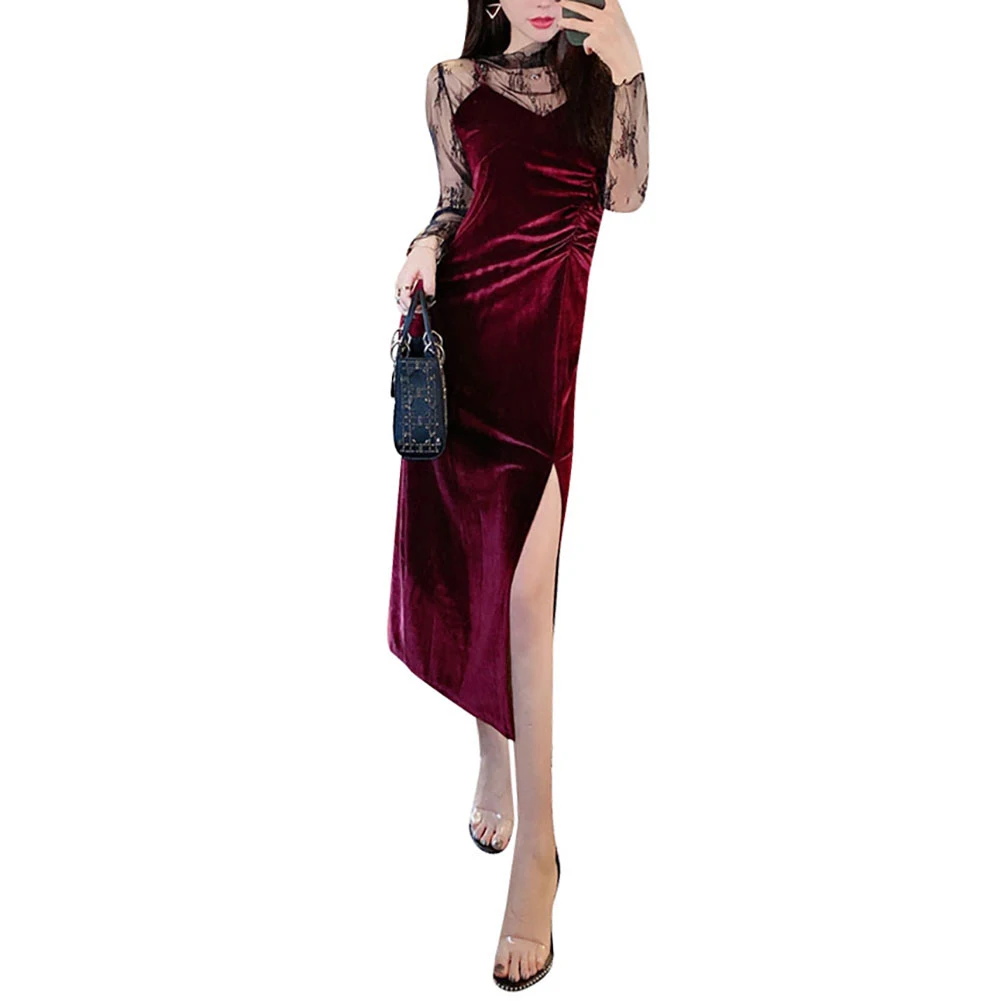 

Women's Strappy Velvet High Slit Maxi Dress Turtle Neck Long Sleeve Sheer Lace Top Sexy Elegant Party Dress Outfit