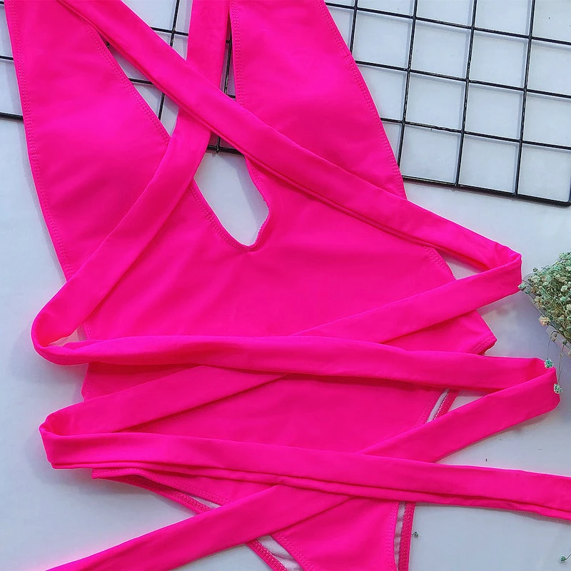 Женский однотонный бикини сексуальный бандажный Цельный купальник с открытой