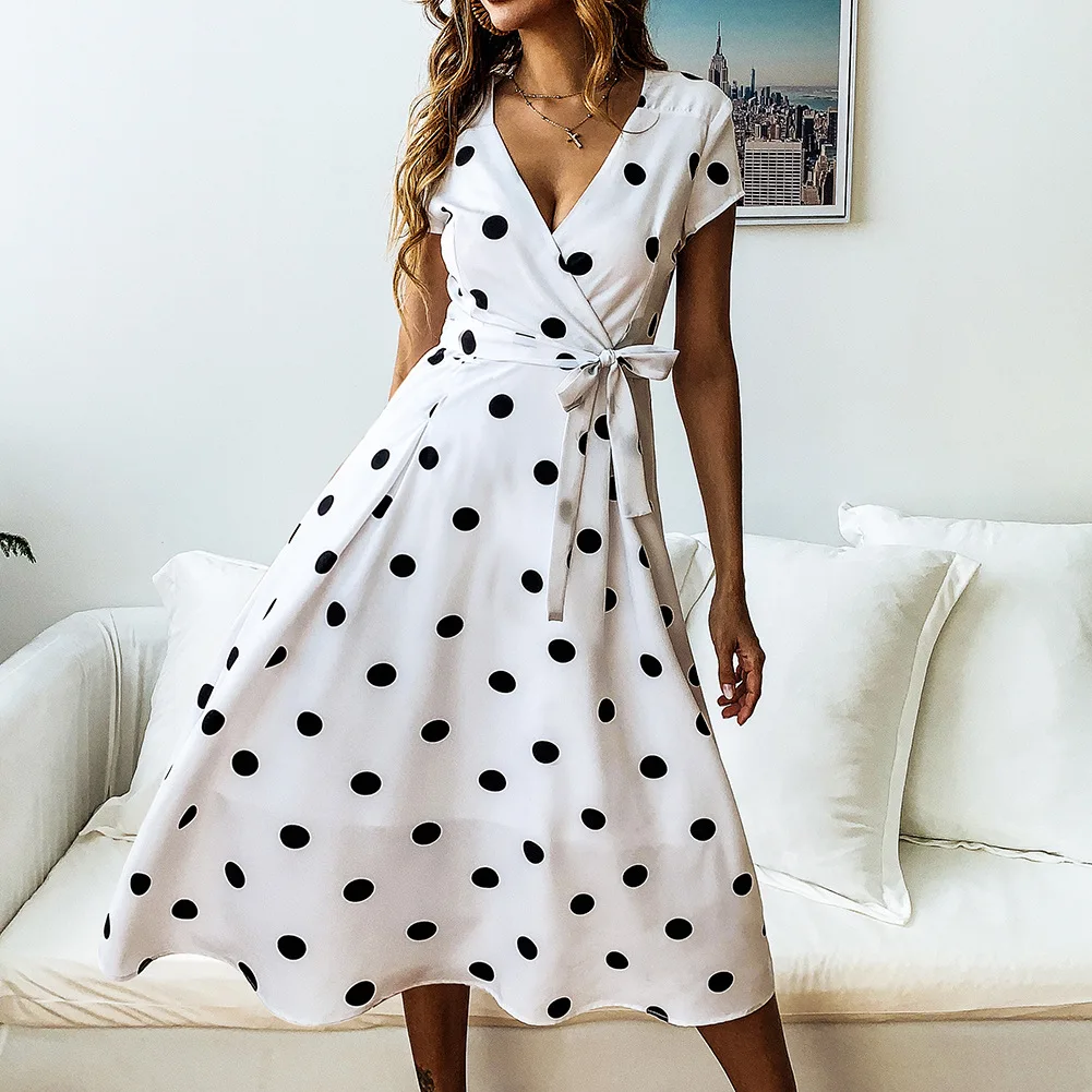 

Plus Size Vadim Dress Summer Dress Fashion Polyester A-line Women Vestidos Mujer Vestido De Festa Women's Polka Dot V-neck Girl
