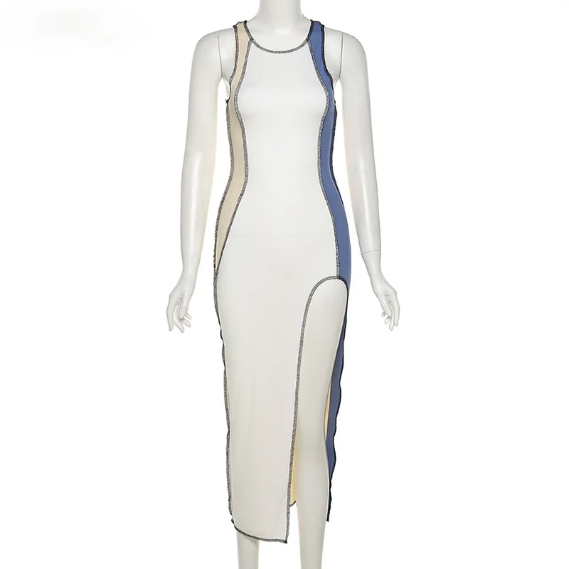 

Ladies Elegant O-Neck Tight Fit Sexy Side Slit Party Club Wear 2021 Summer Fashion Ribbed Knit Patchwork Sleeveless Long Dress