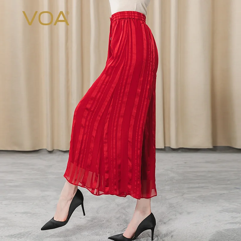 

VOA Straight Stripe Silk Drawstring with Elastic Waist Two Layers of Multicolor Optional Temperament Wild Wide-leg Pants KJ61