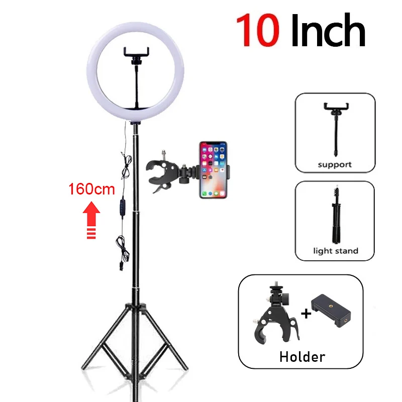 

Dimmable LED Selfie Ring Fill Light Phone Camera Led Ring Lamp With Tripod For Makeup Video Live YouTube Aro De Luz Para Celular