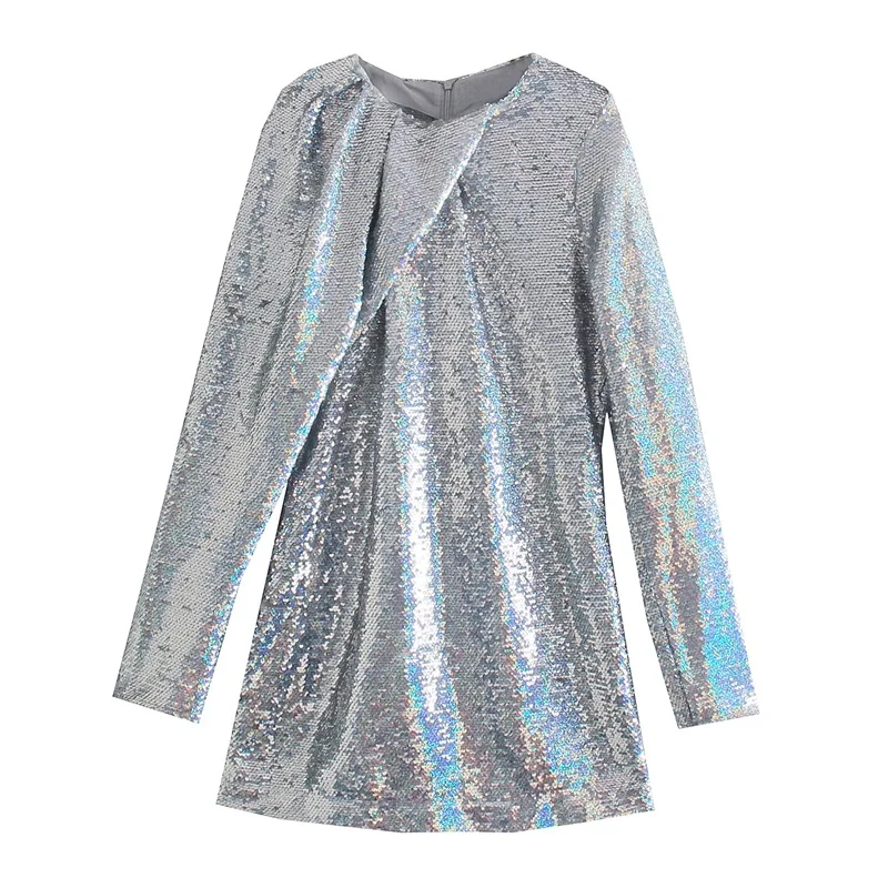 

MESTTRAF Women 2021 Sexy Sequins Slim Mini Dress Retro Long Sleeve Round Neck Back Zipper High Street Female Dresses