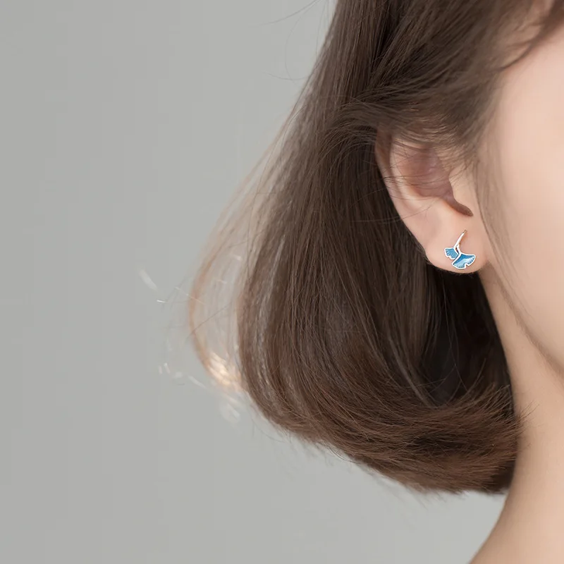 100% реальные 925 стерлингового серебра гинкго билоба серьги-гвоздики милый синие